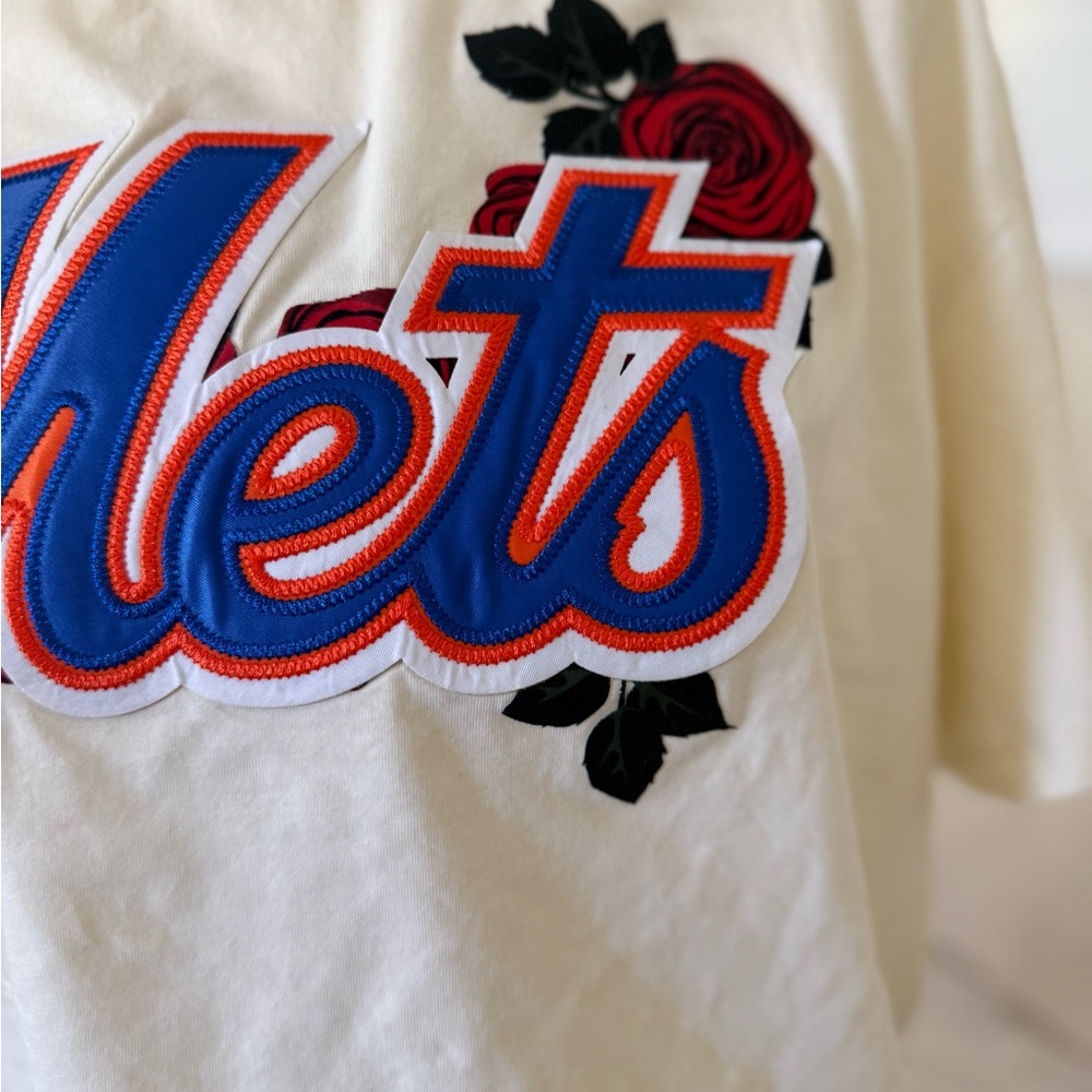 Mets Floral Logo Cotton Short Sleeve Tee - Cream/Blue/Orange - Picture 6 of 11
